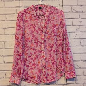 Kut from the Kloth Women's Size S Blouse Pink Red Floral Sheer Roll Tab Sleeve